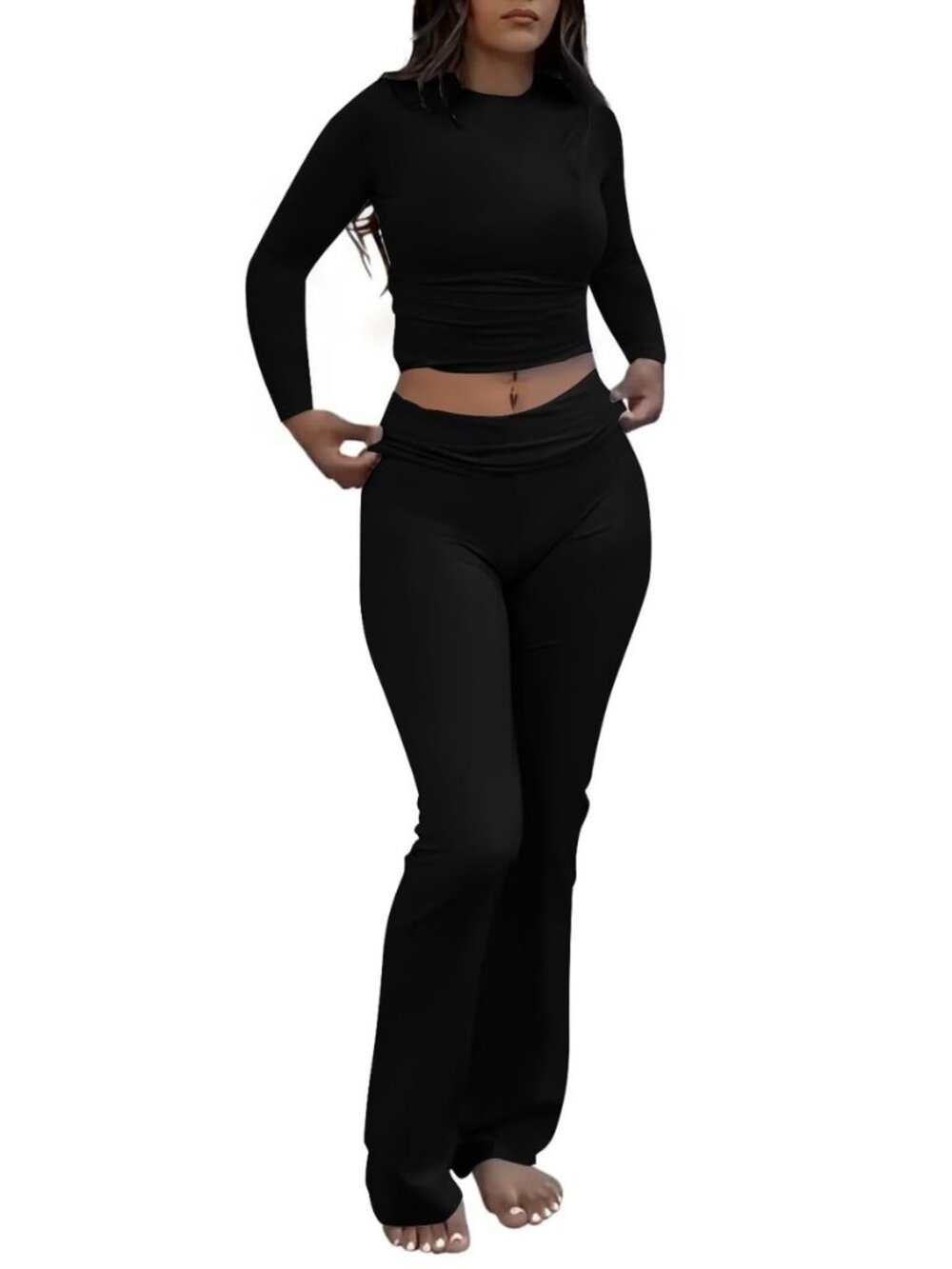 Women's 2 Piece Outfits Foldover Flare Pants Long Sleeve Crew Neck T-shirt
